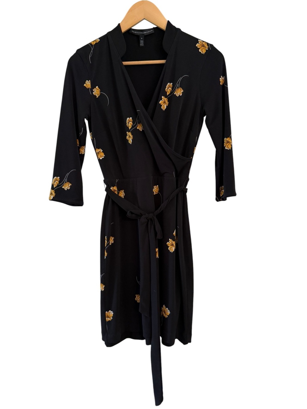 WHBM Faux Wrap Dress Black Yellow Floral Reversible 3/4 Sleeve Tie Belt Size 0